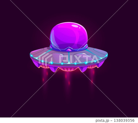 Cartoon unidentified flying object game icon, UFO spaceship asset. Vibrant purple UFO emitting bright pink engine beams as it flies through space. Cartoon vector spaceship for extraterrestrial game Cartoon unidentified flying object game icon, UFO spaceship asset. Vibrant purple UFO emitting bright pink engine beams as it flies through space. Cartoon vector spaceship for extraterrestrial game 138039356