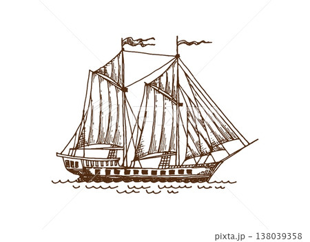 Vintage pirate sail ship and old wooden warship, European wooden galleon and warship sketch. Retro vector black and white sketch for storytelling, educational materials, or nautical decor 138039358