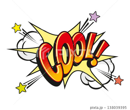Pop art comic expression with the word cool In bold red and yellow text with stars, smoke bursts and dramatic action lines. Cartoon vector vibrant retro comic book pop art sound effect speech bubble 138039395