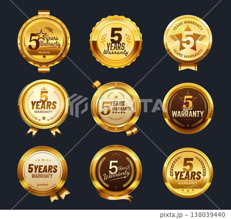 5 years warranty golden labels, badges and award seals with laurel wreaths, luxury tags with ribbons. Vector luxury guarantee labels. Premium metallic emblems with stars and quality assurance symbols 138039440
