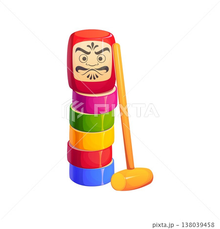 Japanese New Year holiday icon of Daruma Otoshi game, cartoon vector. Japanese traditional toy play game of wooden Daruma Otoshi with hammer, Japan culture and folk tradition of Japanese New Year Japanese New Year holiday icon of Daruma Otoshi game, cartoon vector. Japanese traditional toy play game of wooden Daruma Otoshi with hammer, Japan culture and folk tradition of Japanese New Year 138039458