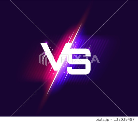 VS fight battle with versus sign for sport game showdown with neon lightning, vector banner. Confrontation VS shield badge on neon red and blue background with light flares for VS team battle contest 138039487