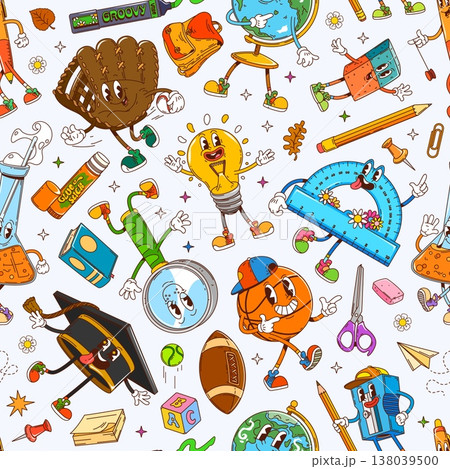 School education stationery groovy characters seamless pattern, vector background. Cartoon school groovy characters pattern of eraser with funny face, ruler with silly smile and happy pencil with book 138039500