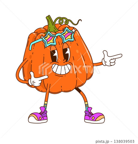 Cartoon ripe funky groovy pumpkin vegetable character with a joyful expression and star shaped sunglasses , embodying festive hippie spirit. Isolated vector ripe fresh pumpkin gourd y2k food personage Cartoon ripe funky groovy pumpkin vegetable character with a joyful expression and star shaped sunglasses , embodying festive hippie spirit. Isolated vector ripe fresh pumpkin gourd y2k food personage 138039503