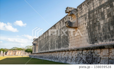 Ancient Mayan Ball Court Wall with Stone Ring and Relief Carvings at Chichen Itza Mexico Yucatan 138039528