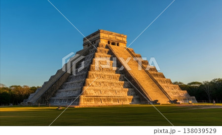 Ancient Mayan Pyramid of Kukulcan El Castillo at Chichen Itza Mexico Golden Sunset Light Clear Blue Sky 138039529