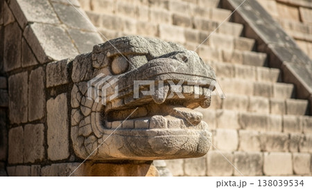Archaeology - Ancient Mayan Stone Serpent Head Sculpture at Chichen Itza Pyramid Staircase Mexico 138039534
