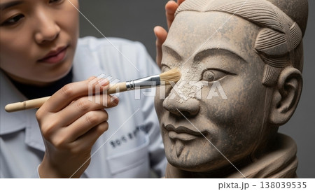 Archaeology - Asian Female Conservator Carefully Brushing Ancient Chinese Stone Sculpture Face in Laboratory 138039535