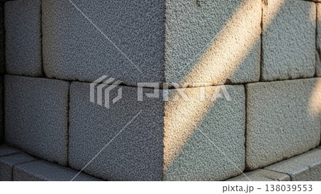 Architecture - Close Up of Granite Stone Blocks Corner with Warm Sunlight Shadow Pattern on Rough Texture Architecture - Close Up of Granite Stone Blocks Corner with Warm Sunlight Shadow Pattern on Rough Texture 138039553