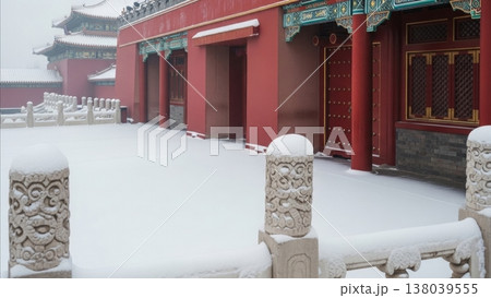 Architecture - Forbidden City Beijing Snow Covered Courtyard Red Walls Stone Balustrades Winter Palace Architecture - Forbidden City Beijing Snow Covered Courtyard Red Walls Stone Balustrades Winter Palace 138039555