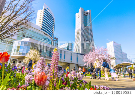 日本の横浜都市景観3月23日。エアキャビンの桜木町駅やヒューリックみなとみらい、桜、花などを望む 138039582