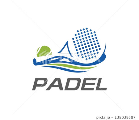 Padel tennis sport club icon. Blue paddle racket with dotted surface, green ball and dynamic wave lines. Vibrant vector symbol for padel sport club, tennis academy branding, or sports equipment shop 138039587