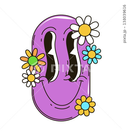 Cartoon groovy hippie smile or psychedelic emoji with happy face, vector symbol. Retro groovy funky smile with daisy flowers as hippie emoticon with quirky trippy expression for y2k funny emoji Cartoon groovy hippie smile or psychedelic emoji with happy face, vector symbol. Retro groovy funky smile with daisy flowers as hippie emoticon with quirky trippy expression for y2k funny emoji 138039616