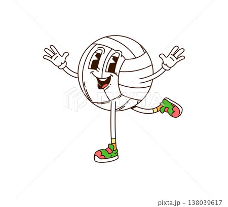 Cartoon groovy volleyball ball as sport hippie character with funny face, comic vector emoji. Groovy volleyball ball with happy smile and trippy expression in good vibes and Y2K hipster shoes 138039617