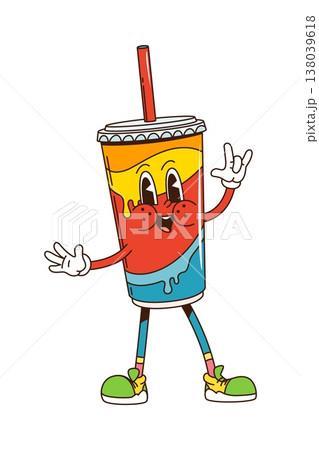 Groovy movie or cinema entertainment character of soda drink with funky face, cartoon vector. Groovy funny soda drink cup with drinking straw and happy smile for movie cinema retro cartoon character 138039618