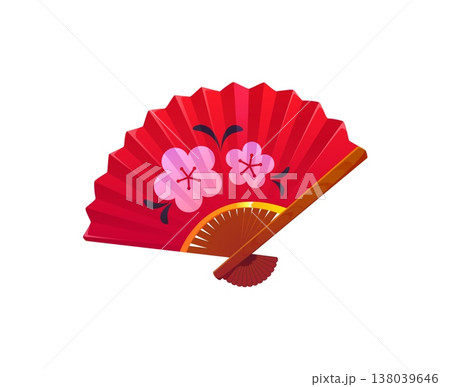 Japanese New Year holiday icon of red folding fan with flowers ornament, vector Asian symbol. Japanese fan with plum blossom decoration, sensu or ogi and uchiwa brise fan, symbol of Japan folk art 138039646