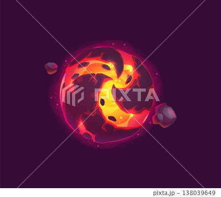 Cartoon alien space planet with fire lava landscape, vector galaxy fantasy icon. Cartoon alien space planet with magma lava in crack craters of hot fire glow for cosmic adventure or galaxy game 138039649