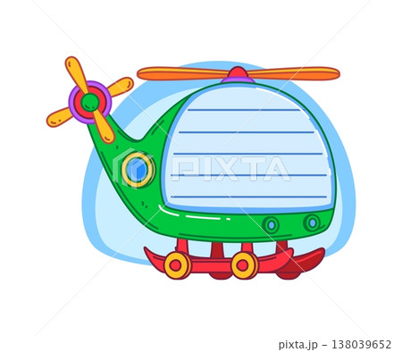 Kids memo note frame with toy helicopter. Cartoon green helicopter with spinning propeller and blank lined notepad panel as the cockpit window. Vector frame children stationery, school worksheet Kids memo note frame with toy helicopter. Cartoon green helicopter with spinning propeller and blank lined notepad panel as the cockpit window. Vector frame children stationery, school worksheet 138039652