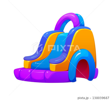 Trampoline park bouncy vector house, inflatable slide. Amusement park two smooth bouncy slides with arched top, rounded inflatable walls and tunnel entrance. Fun structure for children play and events Trampoline park bouncy vector house, inflatable slide. Amusement park two smooth bouncy slides with arched top, rounded inflatable walls and tunnel entrance. Fun structure for children play and events 138039687