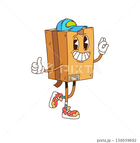 Cartoon groovy delivery cardboard box courier character. Vector package in postman worker cap. Isolated parcel, smiling cargo pack, friendly personage for mail or post shipping service with ok sign Cartoon groovy delivery cardboard box courier character. Vector package in postman worker cap. Isolated parcel, smiling cargo pack, friendly personage for mail or post shipping service with ok sign 138039692