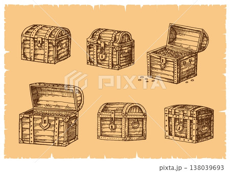 Geographic map pirate treasure chests. Vector open and closed wooden vintage boxes or trunks with gold coins, metal locks, iron bands. Vintage nautical engraving line art on sepia parchment background Geographic map pirate treasure chests. Vector open and closed wooden vintage boxes or trunks with gold coins, metal locks, iron bands. Vintage nautical engraving line art on sepia parchment background 138039693