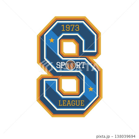 University varsity sport team patch label. Blue gold letter S with basketball, gold stars and text. Retro vector emblem for team uniforms, sports apparel, and college merchandise University varsity sport team patch label. Blue gold letter S with basketball, gold stars and text. Retro vector emblem for team uniforms, sports apparel, and college merchandise 138039694