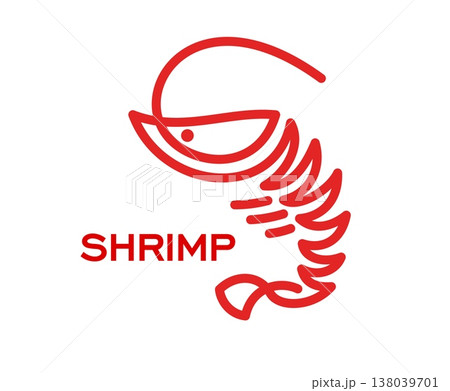 Shrimp and prawn seafood icon. Bold red linear shrimp symbol with text on white background. Vector icon for seafood restaurant, fish market, menu design and marine food business promotional material 138039701