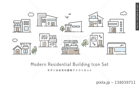 ナチュラルモダンな一軒家のベクターアイコンセット。住宅･不動産･マイホーム。 138039711