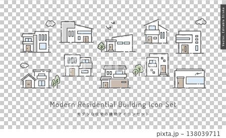 一套現代自然風格獨立式住宅的向量圖示。關鍵字：住房、房地產、住宅。 138039711