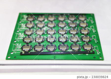Printed circuit board (PCB) panel with gold plated connectors ready for SMT assembly process. Printed circuit board (PCB) panel with gold plated connectors ready for SMT assembly process. 138039824