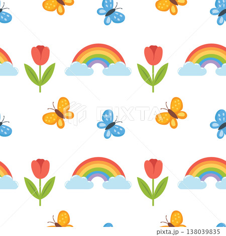Bright spring seamless pattern with rainbow, butterfly and tulip Bright spring seamless pattern with rainbow, butterfly and tulip 138039835