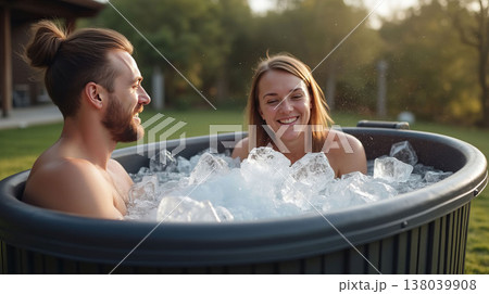 Smiling couple relaxing in a tub filled with ice outdoors, surrounded by greenery, enjoying a refreshing experience. Ice bath pod concept 138039908