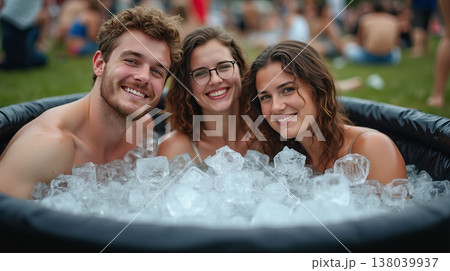 Three smiling friends sitting in an ice bath outdoors during a public event on a sunny day, enjoying a refreshing moment. Ice bath pod concept 138039937