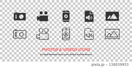 A set of camera and video icons. Silhouette and line art vector icons. 138039953