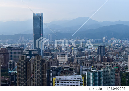 Aerial view of skyline of Taipei city at sunset from Xiangshan Elephant Mountain with colorful sky. Beautiful landscape and cityscape of Taipei downtown buildings and architecture in the city Aerial view of skyline of Taipei city at sunset from Xiangshan Elephant Mountain with colorful sky. Beautiful landscape and cityscape of Taipei downtown buildings and architecture in the city 138040061