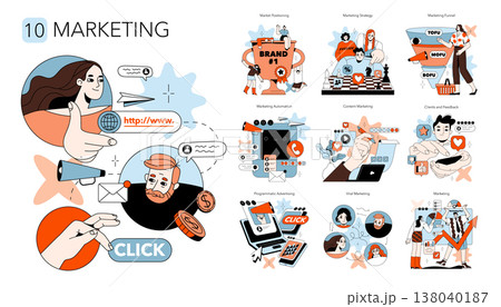 Vector illustration showcasing essential marketing concepts such as branding, market positioning, funnels, automation, and client feedback featuring engaging and collaborative scenes. Vector illustration showcasing essential marketing concepts such as branding, market positioning, funnels, automation, and client feedback featuring engaging and collaborative scenes. 138040187