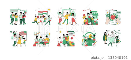 Collection of vector illustrations showcasing family celebrations and festive activities. Includes birthday parties, national festivals, and holiday gatherings with joyful emotions and vibrant scenes. 138040191