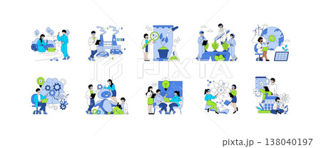 Vector illustration set showcasing various innovations in science and technology. Scenes include robotics, renewable energy, AI development, lab experiments, and teamwork in scientific projects. 138040197
