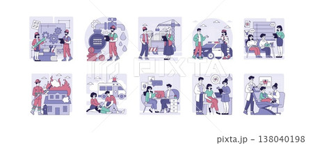 Vector illustration set depicting various professionals such as engineers, firefighters, medical workers, and teachers in action, showcasing teamwork and skill in different scenarios. Vector illustration set depicting various professionals such as engineers, firefighters, medical workers, and teachers in action, showcasing teamwork and skill in different scenarios. 138040198