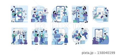 Vector illustrations depicting various online shopping and digital business scenes, including transactions, global communication, and data analytics. Characters engage using devices and applications. 138040199