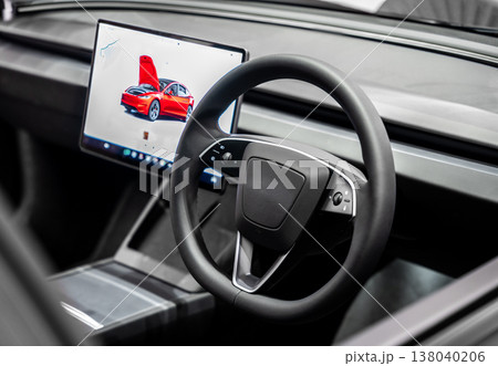 Black luxury modern car Interior, car leather steering wheel, light switch, mirror control, electronic parking brake with auto-hold on modern vehicle in expensive car. 138040206