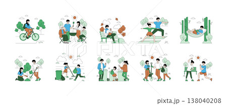 Vector illustration depicting various outdoor activities with families enjoying leisure time, cycling, doing yoga, barbecuing, reading, and participating in park clean-up efforts. Vector illustration depicting various outdoor activities with families enjoying leisure time, cycling, doing yoga, barbecuing, reading, and participating in park clean-up efforts. 138040208