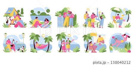 Colorful vector illustration set showcasing various family vacation moments, including camping, beach relaxation, sightseeing, and playful activities. Ideal for travel and leisure themes. 138040212