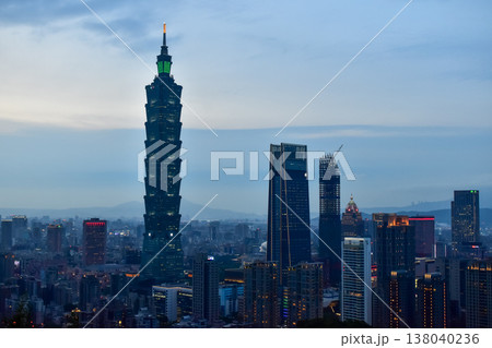 Aerial view of skyline of Taipei city with Taipei 101 Skyscraper at sunset from Xiangshan Elephant Mountain. Beautiful landscape and cityscape of Taipei downtown buildings and architecture in the city Aerial view of skyline of Taipei city with Taipei 101 Skyscraper at sunset from Xiangshan Elephant Mountain. Beautiful landscape and cityscape of Taipei downtown buildings and architecture in the city 138040236