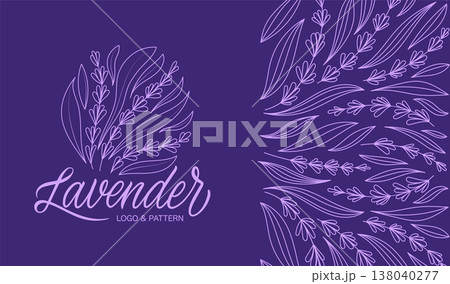 Lavender Line Art Card Design with Logo, and Seamless Pattern, Hand-Drawn Botanical Branding Template 138040277