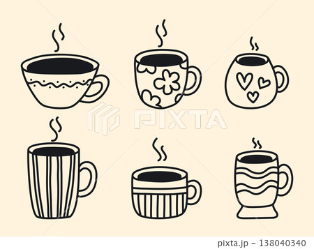 Cups of freshly brewed coffee, doodle sketch style illustration Cups of freshly brewed coffee, doodle sketch style illustration 138040340