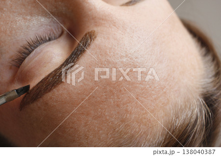 Professional brow makeup. Coloring brows. Eye with brow. 138040387