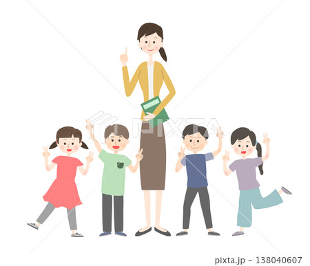 女性の先生とピースをする子供たち 女性の先生とピースをする子供たち 138040607