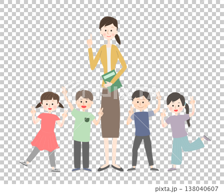 女性の先生とピースをする子供たち 女性の先生とピースをする子供たち 138040607