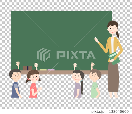 黒板を使って説明する女性の先生と子供たち 黒板を使って説明する女性の先生と子供たち 138040609